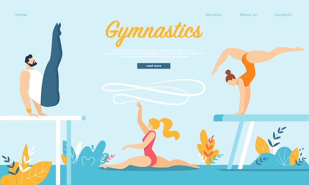 Modèle Web De Page De Renvoi Avec Des Gymnastes Du Groupe D'hommes Et De Femmes Pratiquant La Gymnastique Sur Un Rayon D'équilibre