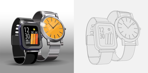 Modèles 3d Réalistes De Montres En Acier Numériques Et Mécaniques. Modèle De Conception D'affiche De Montres Intelligentes Et Classiques. Coloriage Et Montres Colorées.