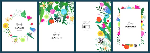 Modèles D'affiches Avec Dessin Abstrait Fleurs Art Floral Ensemble De Pancartes Dessinées à La Main éléments Botaniques