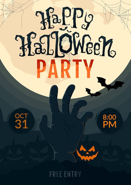 Modèles d'affiches Happy Halloween Party ou bannière accueillante Main de zombie sur un paysage effrayant