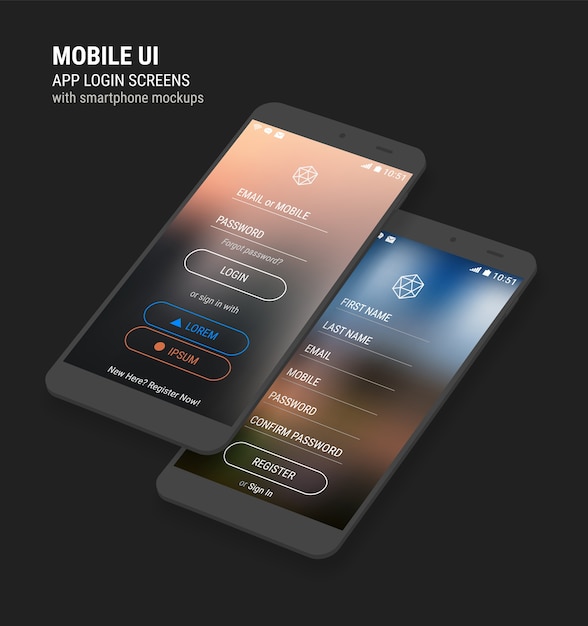 Modèles D'applications D'interface Utilisateur Mobile 3d Réactives à La Mode De Connexion Et D'enregistrement