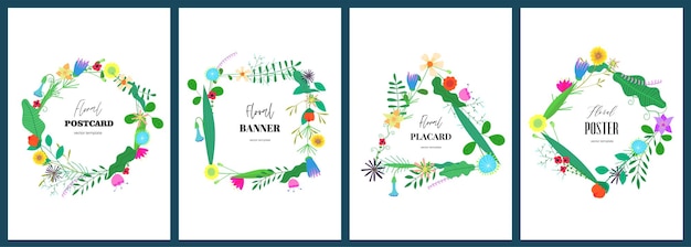 Vecteur modèles de bannière avec dessin abstrait fleurs figure géométrique couronne ensemble rond carré triangulaire
