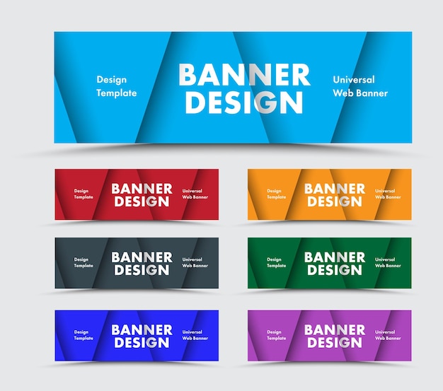 Vecteur modèles de bannières web horizontales multicolores avec des triangles en flèche dans le style de la conception matérielle. conception. ensemble