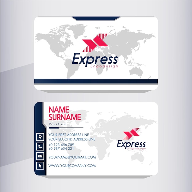 Vecteur modèles de cartes de visite express logistics carte du monde plate flèches logo décor vecteur