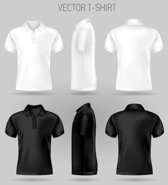 Vecteur modèles de conception de chemises de polo à manches courtes noires et blanches avant, arrière et latérales
