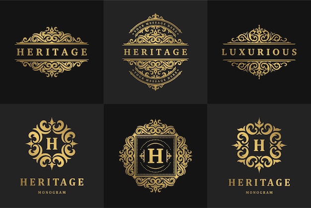 Les modèles de conception de crête de logos et de monogrammes de luxe définissent l'illustration vectorielle. Vignettes ornées calligraphiques pour la marque de mode royale, l'enseigne de l'hôtel, la boutique ou le logo du restaurant.