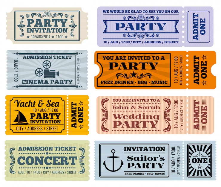 Vecteur modèles de coupons vintage de spectacles, fêtes et cinéma