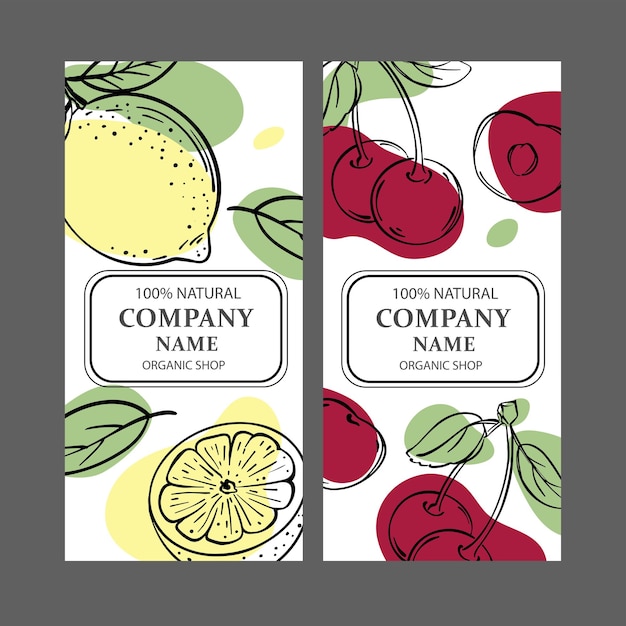 Modèles D'étiquettes Cherry And Lemon Vintage Sketch Vector Set