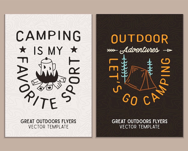 Vecteur modèles de flyers de camping affiches d'aventure de voyage avec dessin au trait et emblèmes plats et citations aventures en plein air permet d'aller camper cartes a4 d'été pour les fêtes en plein air image vectorielle de stock