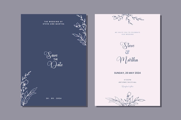 Modèles d'invitation de mariage minimalistes avec décoration de fleurs et de feuilles dessinées à la main