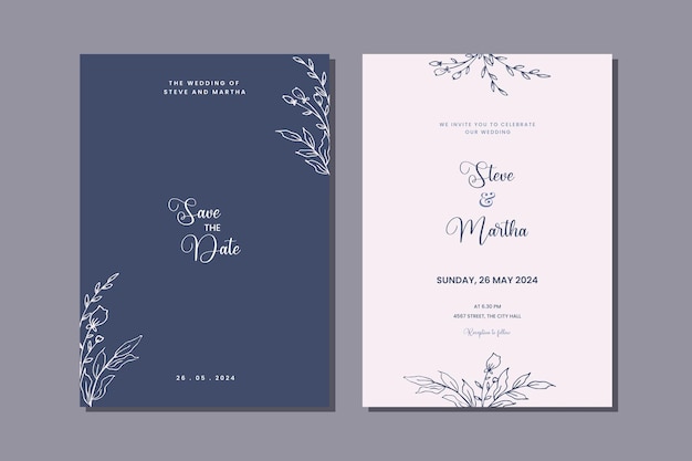 Modèles D'invitation De Mariage Minimalistes Avec Décoration De Fleurs Et De Feuilles Dessinées à La Main