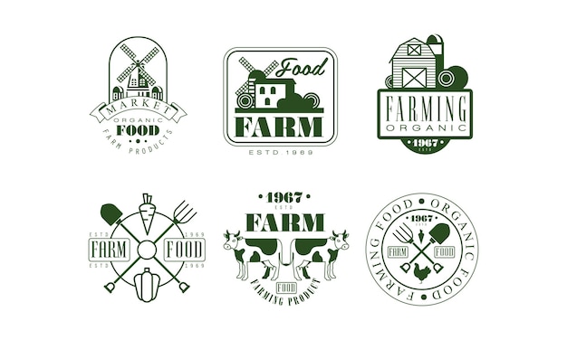 Vecteur des modèles de logos rétro d'aliments agricoles, un ensemble d'insignes de marché de produits alimentaires biologiques, une illustration vectorielle