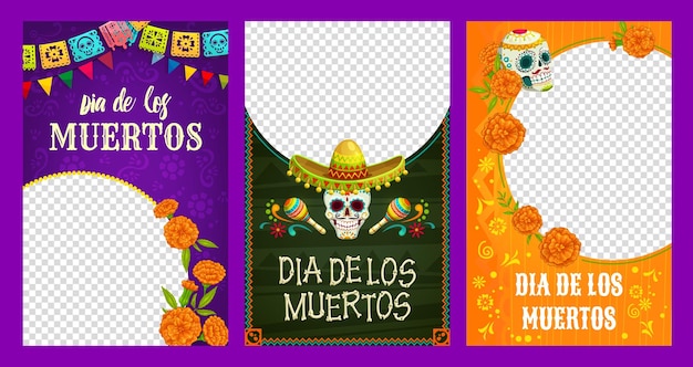 Modèles de médias sociaux Dia de los muertos Affiches du jour des morts avec cadres Arrière-plans vectoriels vibrants avec guirlandes de soucis calaveras colorées pour honorer et célébrer les proches disparus