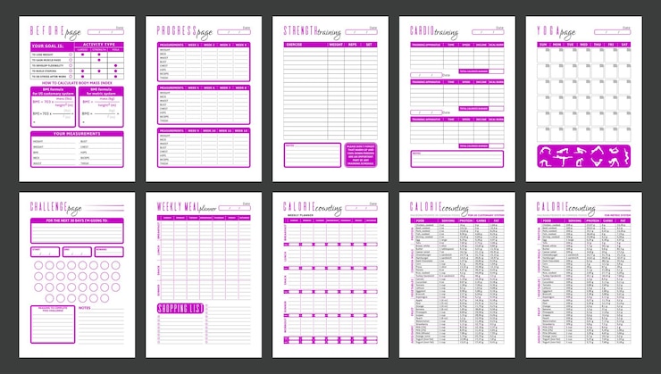 Vecteur modèles de page de planificateur de fitness vectoriel régime d'entraînement et comptage de calories conception simple