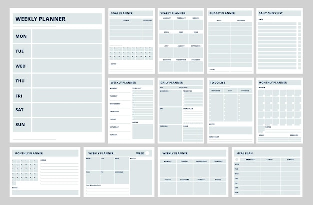 Modèles De Planificateur Vierges Planificateurs D'entreprise Pages Hebdomadaires Quotidiennes Ou De Plan De Repas Stratégie De Papiers De Cahier Et Objectifs De L'année Pour Faire La Liste Journal Ensemble De Vecteurs Récents