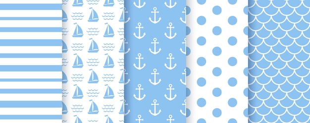 Modèles Sans Couture De Douche De Bébé Nautique. Motif De La Mer Marine. Définir Des Imprimés Géométriques Bleus