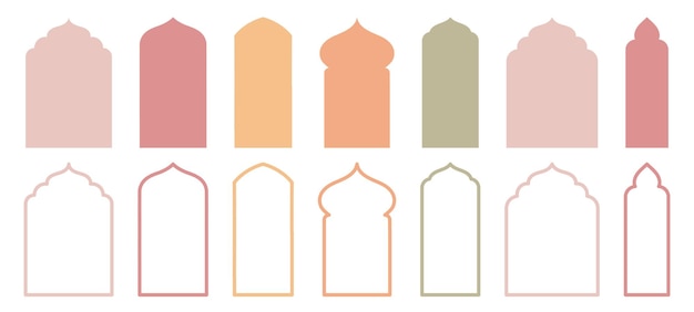 Les modèles traditionnels de fenêtres ou de portes de l'islam Les cadres musulmans de la mosquée en silhouette et en contour