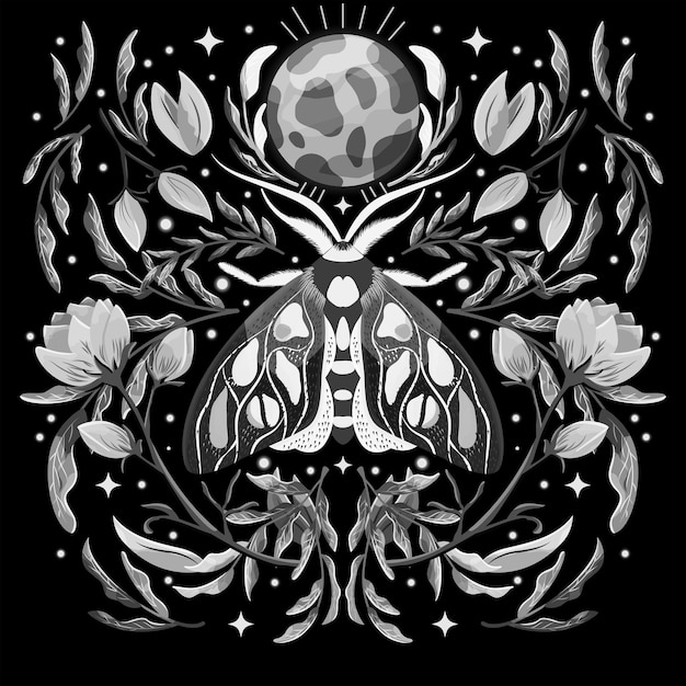 Modélisme papillon et motifs floraux en symétrie Illustration vectorielle plate noir et blanc monochrome avec papillon fleurs éléments floraux et étoiles