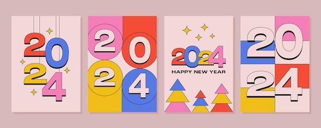 Vecteur moderne coloré 2024 bonne année design dans le style y2k modèles minimalistes pour les cartes de couverture