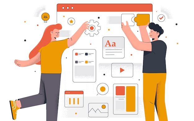 Moderne de conception Web. Jeune homme et femme travaillant ensemble sur le projet. Travail de bureau et gestion du temps. Facile à modifier et à personnaliser. illustration