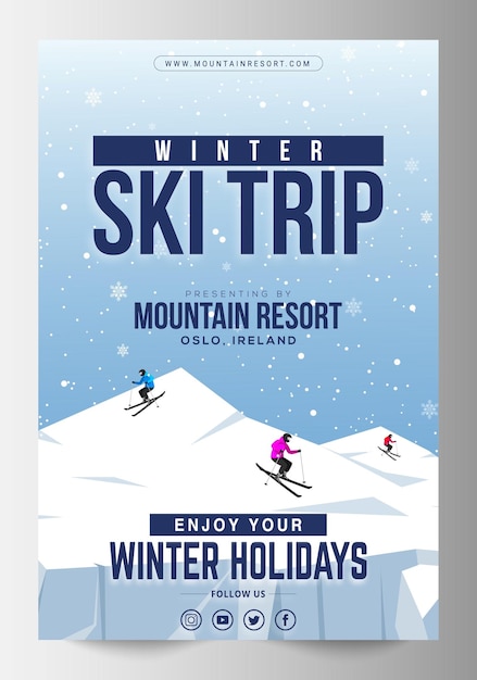 Moderne modèle d'affiche de voyage de ski d'hiver pour une station de montagne