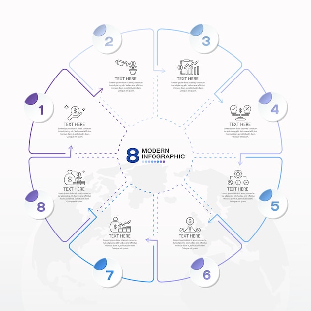 Vecteur moderne modèle d'infographie en cercle avec 8 étapes et des icônes commerciales pour la présentation