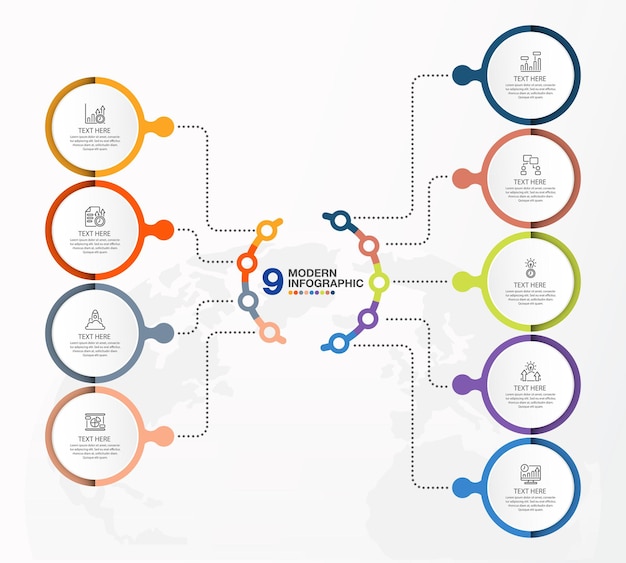 Vecteur moderne modèle d'infographie avec processus en 9 étapes ou options