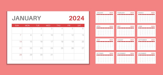 Moderne et simple Vector 2024 Calendrier Minimal 2024 Calendrier modèle Mur calendrier trimestriel