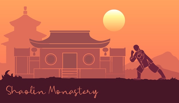 Vecteur un moine shaolin pratique le kung fu sur le terrain du temple.