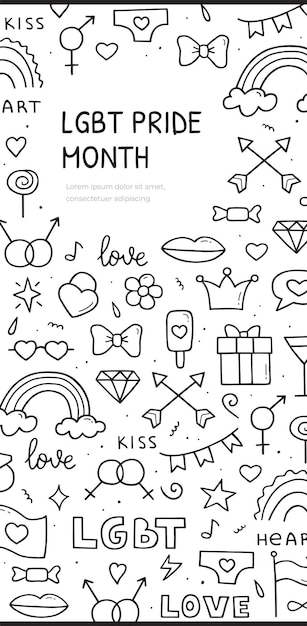 Mois de la fierté LGBT Doodle croquis Modèle de bannière verticale Illustration vectorielle
