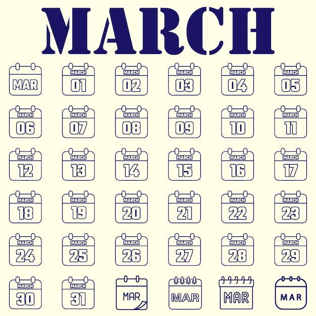 mois de mars tous les éléments de dates vecteur