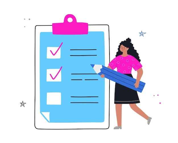 Mois de planification de femme, liste de choses à faire, gestion du temps. La fille est debout avec un crayon près de la liste de tâches. Illustration vectorielle dessinés à la main à plat.