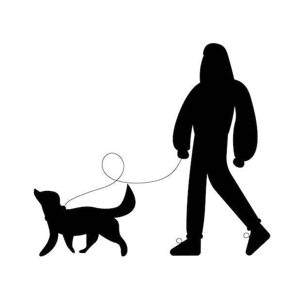 Mois De Promenade De Chien Silhouette D'une Femme Marchant Avec Un Chien