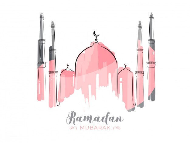 Vecteur mois sacré islamique du ramadan kareem avec mosquée rose au trait sur fond blanc.