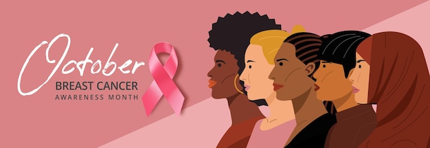 Mois de sensibilisation au cancer du sein d'octobre, femmes de différentes nationalités se tenant ensemble.