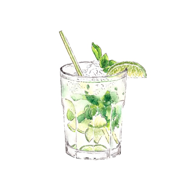 Mojito cocktail aquarelle illustration dessinée à la main isolée sur fond blanc