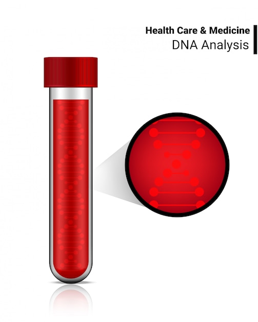 Vecteur molécule d'adn de test sanguin 3d dans un tube transparent. conception de concept de soins de santé, médical et scientifique.