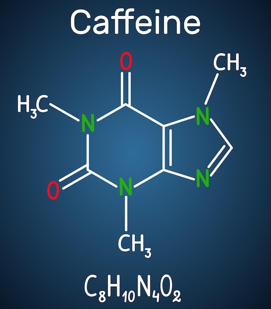 Vecteur molécule de caféine formule chimique structurelle et modèle moléculaire sur le fond bleu foncé