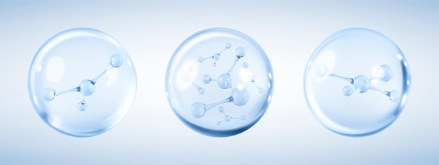 Molécule à l'intérieur d'une bulle sur fond bleu Concept de solution cosmétique de soins de la peau Illustration vectorielle