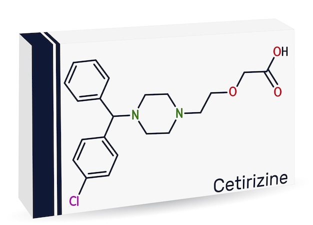 Vecteur molécule de médicament cétirizine utilisée dans la rhinite allergique formule squelettique emballage en papier pour les médicaments