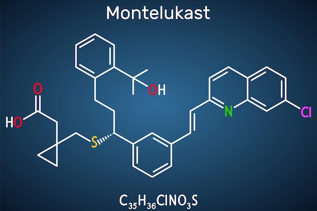 Molécule de médicament Montelukast le traitement de l'asthme Formule structurelle sur le fond bleu foncé