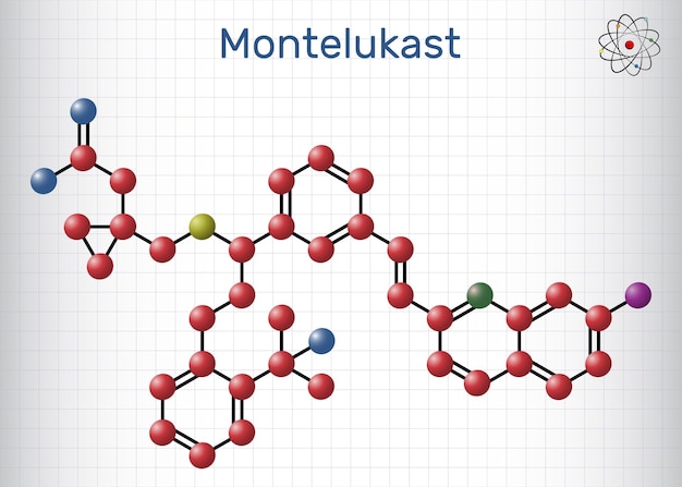 Vecteur molécule de médicament montelukast le traitement de l'asthme modèle de molécule feuille de papier dans une cage