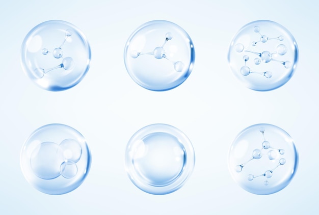 Vecteur molécules à l'intérieur des bulles sur fond bleu bulle de sérum de collagène
