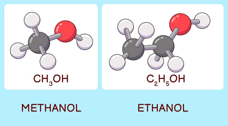 Molécules de méthanol et d'éthanol de dessin animé