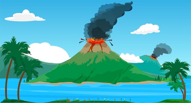 Vecteur moment de l'éruption de la montagne volcanique au bord du lac la lave coule le long de la montagne
