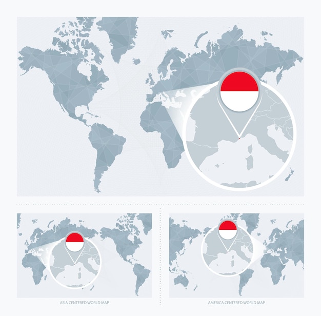 Vecteur monaco agrandi sur la carte du monde 3 versions de la carte du monde avec drapeau et carte de monaco
