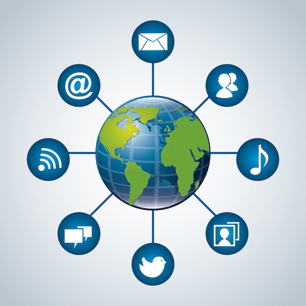 monde de la communication sur fond bleu