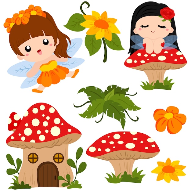 Monde de fées avec ensemble de vecteurs Clipart Maison de champignons