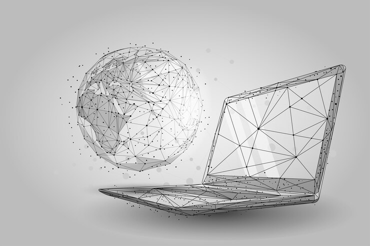 Vecteur monde global filaire low poly. planète terre sur un écran d'ordinateur