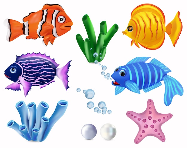 Vecteur monde sous-marin poissons tropicaux poisson clown poisson-papillon d'addis étoile de mer algues personnage de dessin animé